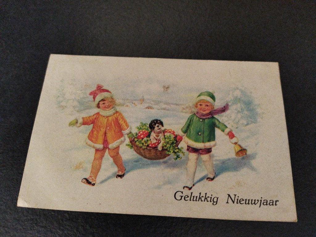Vintage ansichtkaart nieuwjaar meisjes mand met hond bel, Ophalen of Verzenden, 1940 tot 1960, Gelopen, Kinderen