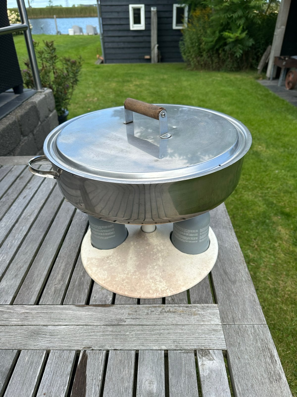 rookpan van RVS met zelfgemaakte standaard en gasbranders, Tuin en Terras, Ophalen of Verzenden, Gebruikt