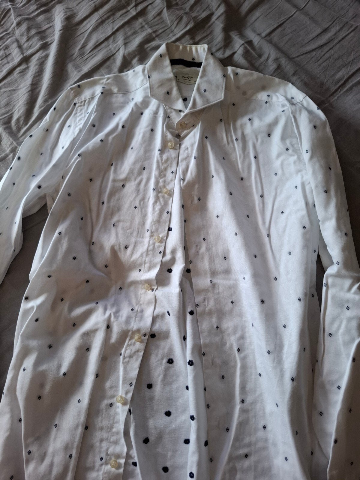 Van Gils overhemd wit met print, maat 39/40 (M), Kleding | Heren, Overhemden, Wit, Zo goed als nieuw, Van Gils, Halswijdte 39/40 (M)