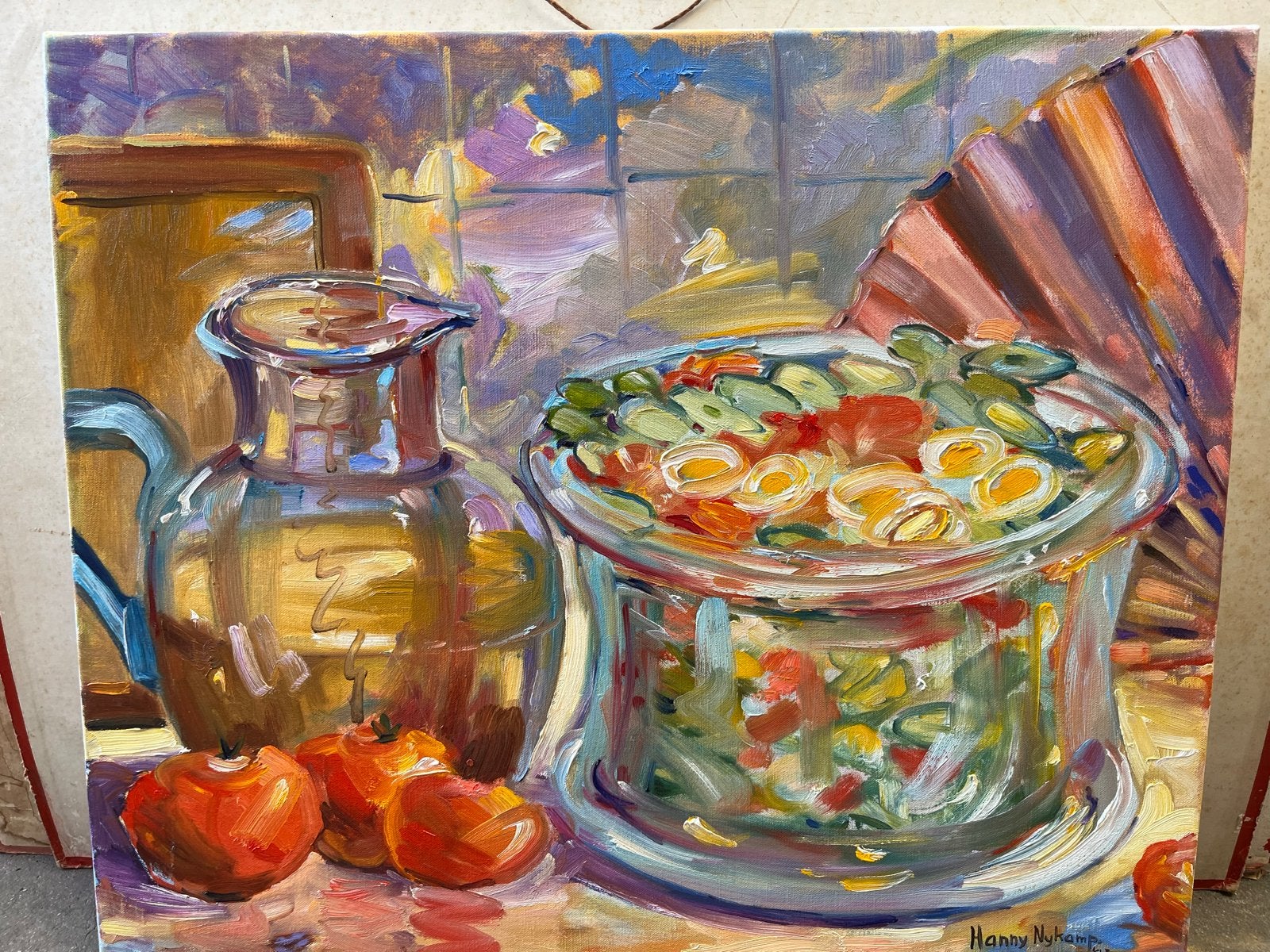 olieverfschilderij door Hanny Nykamp, 1993, Stilleven, Ophalen of Verzenden, Textiel, Gesigneerd