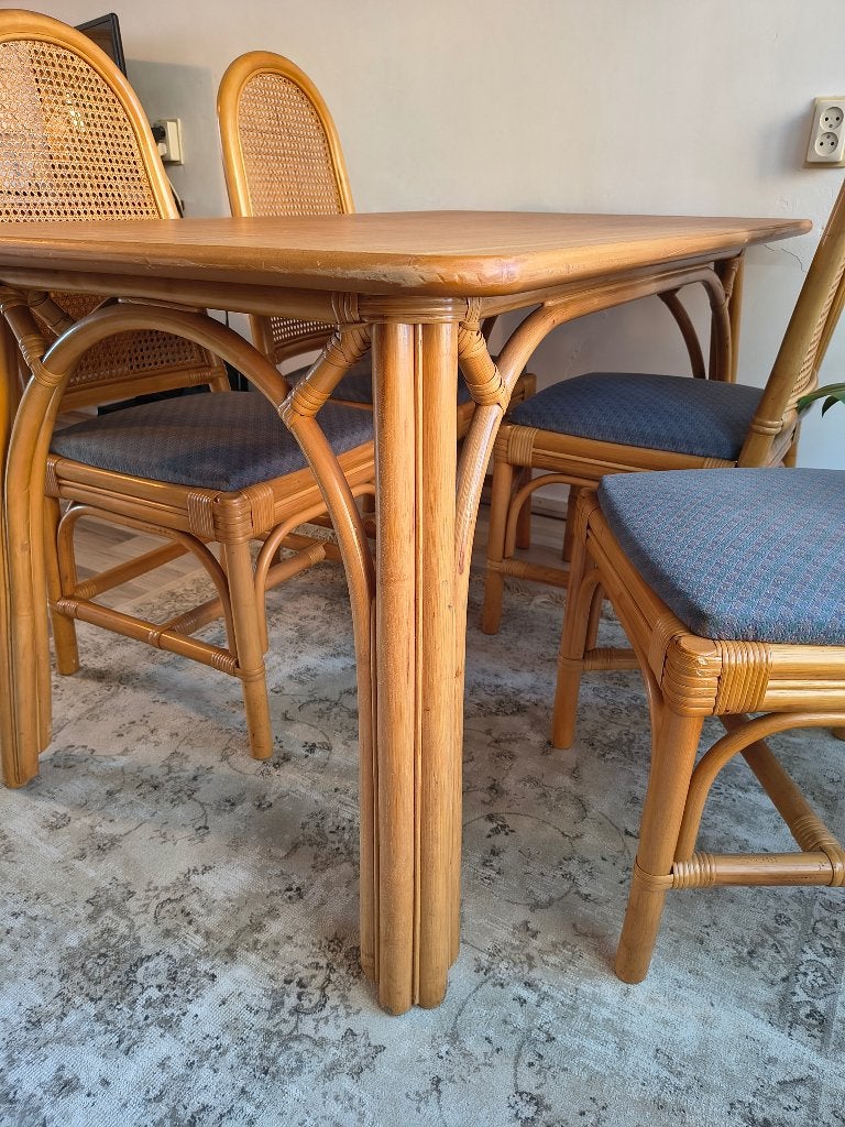 Vintage Rotan / Manou Eethoek – Boho & Webbing (compleet), Gebruikt, Ophalen of Verzenden, 4 tot 6 stoelen, Onbekend
