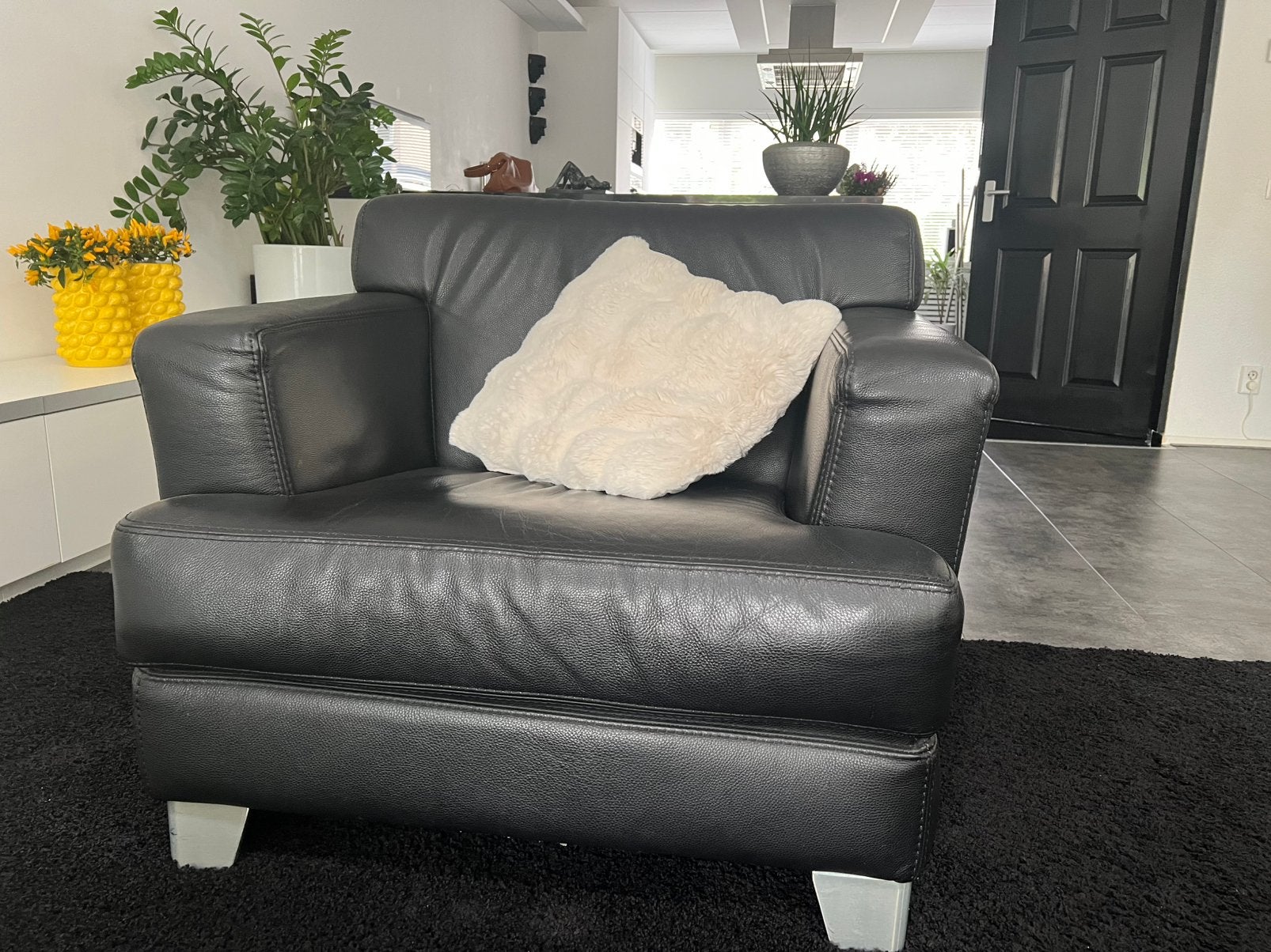 Leren bankstel met fauteuil, Ophalen, Zo goed als nieuw, 75 tot 100 cm