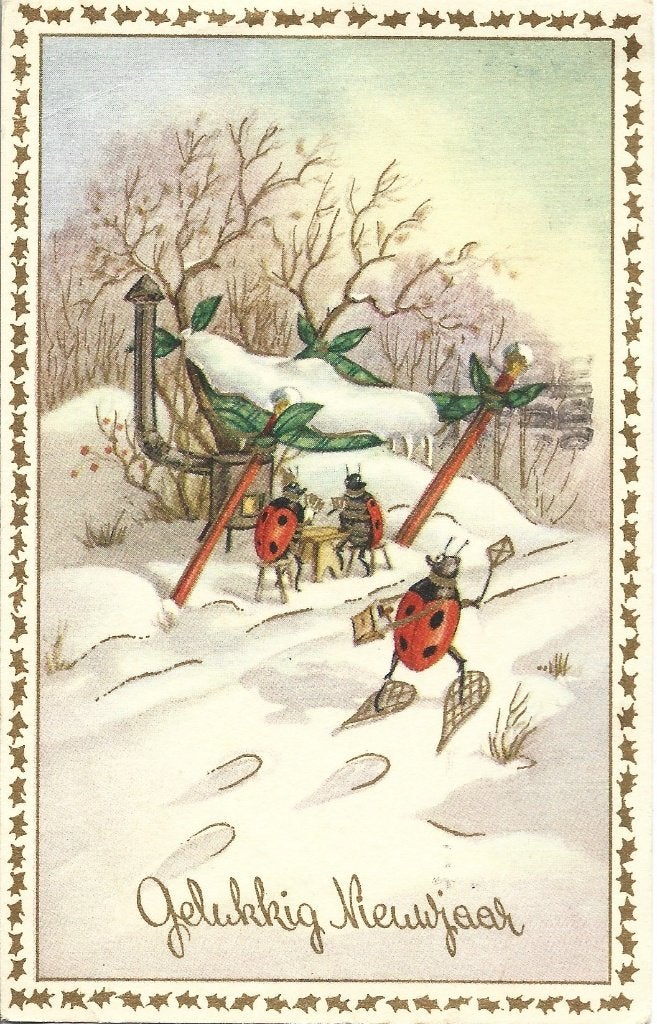 Gelukkig Nieuwjaar*Lieveheersbeestje s*Winter*Kachel*Grappig, Verzamelen, Ophalen of Verzenden, 1940 tot 1960, Gelopen, Feest(dag)
