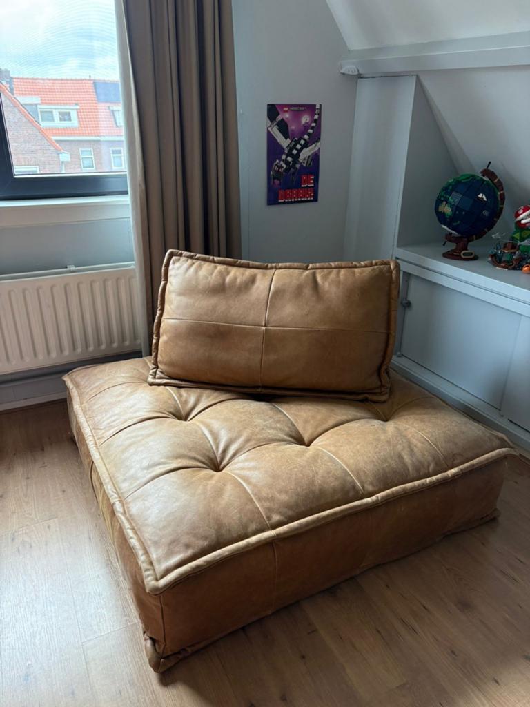 Leren poef met losse rugsteun van Loods 5, Ophalen, Gebruikt, Vierkant, 100 tot 125 cm