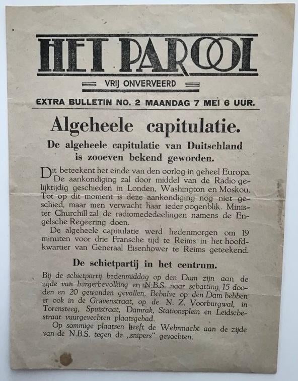 Extra Bulletin van HET PAROOL, 7 mei 1945, Ophalen of Verzenden, Nederland