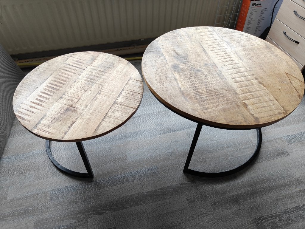Set van 2 salontafels van mangohout, Huis en Inrichting, Tafels | Salontafels, Gebruikt, 50 tot 100 cm, Rond, 50 tot 100 cm