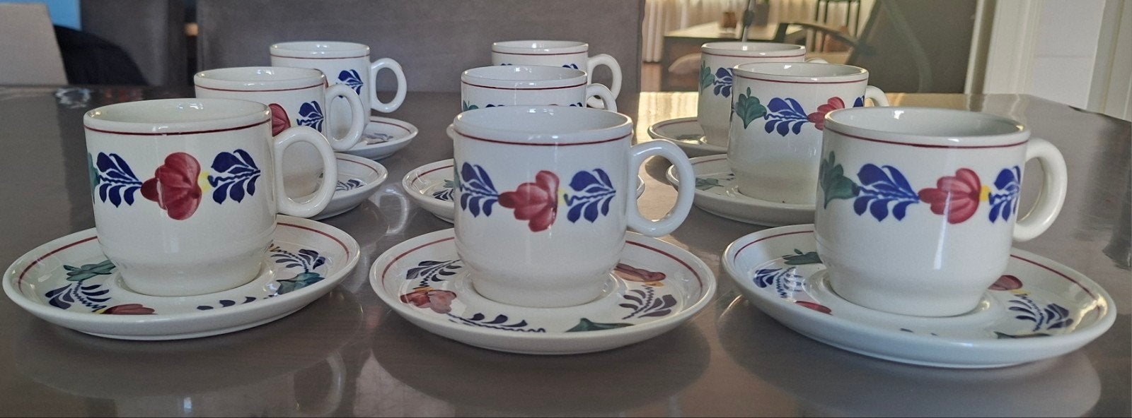Negen Boerenbont koffiekopjes met schotels, Ophalen, Gebruikt, Overige merken, Keramiek