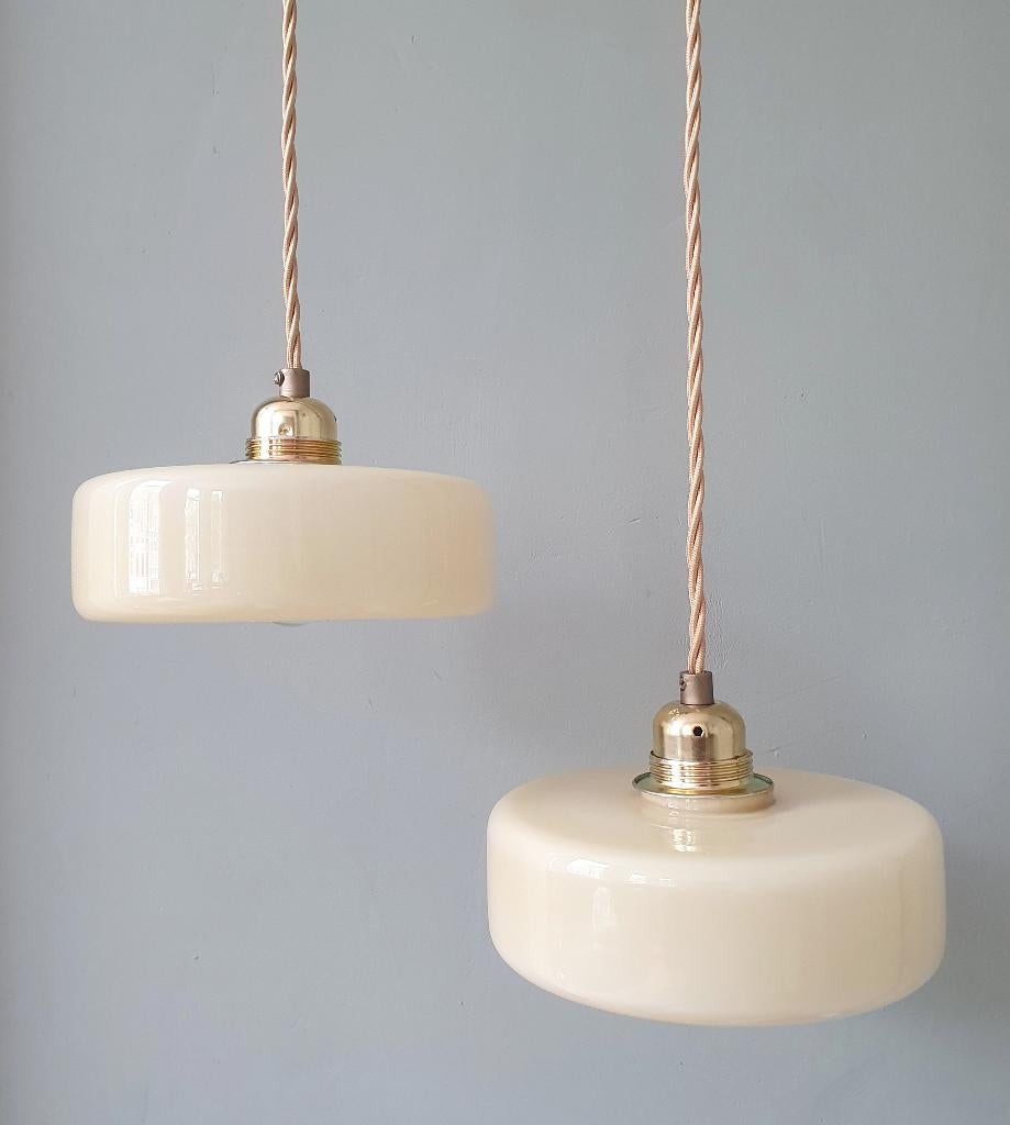 vintage hanglampen set van pastel opaline glas - Art deco, Art deco, vintage, klassiek, antiek,, Ophalen of Verzenden, Zo goed als nieuw