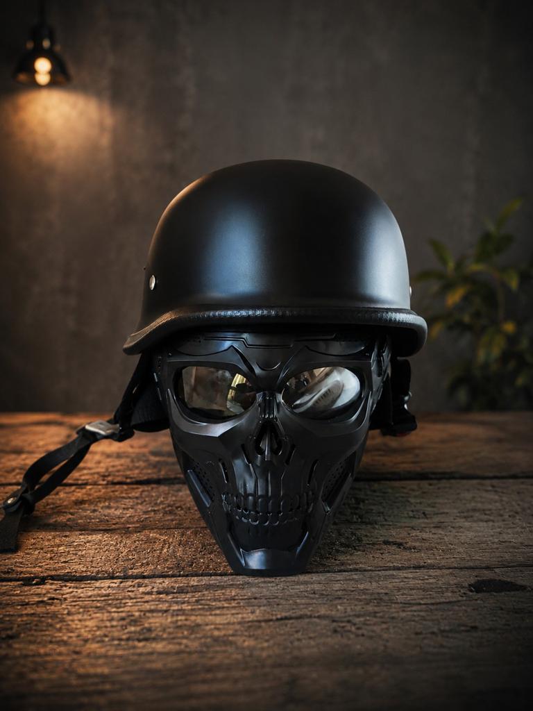 Zwarte Duitse Motorhelm met Skelet Masker, Ophalen of Verzenden, Tweedehands, Overige typen, Overige merken