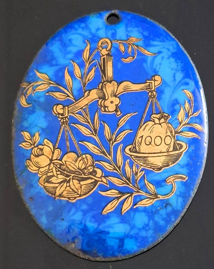 Antiek Goud Verguld Ovaal Blauw Emaille Hanger, Ophalen of Verzenden, Koper, Hanger, Verguld
