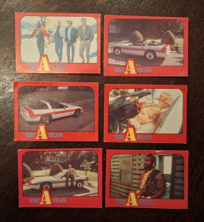 Vintage The A-Team Ruilkaarten uit 1983 - Set van 6, Verzamelen, Ophalen of Verzenden, Gebruikt, Tv, Foto of Kaart