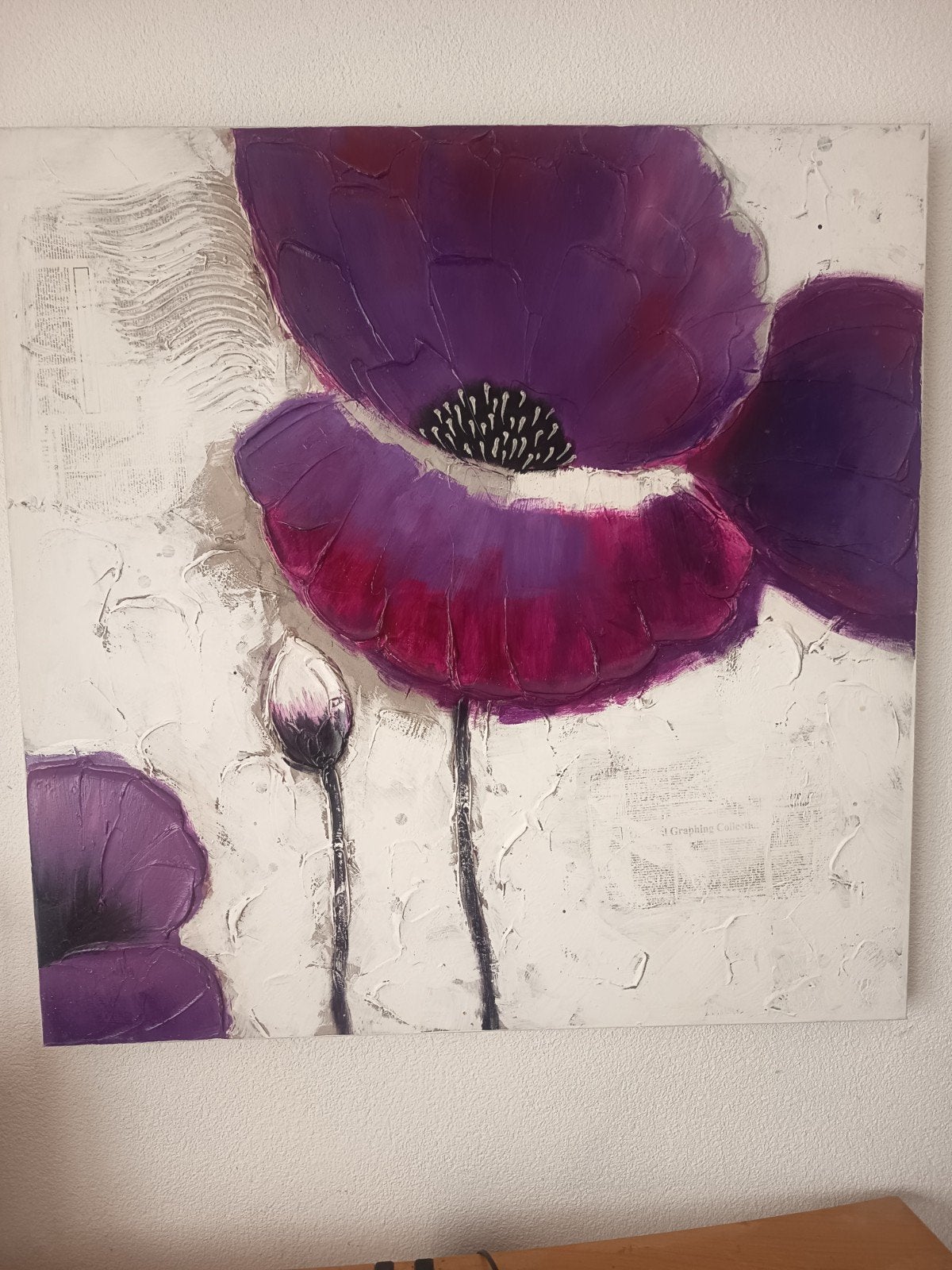 Schilderij met paarse bloemen, Antiek en Kunst, Ophalen, Acrylverf, Handgeschilderd, Bloemen
