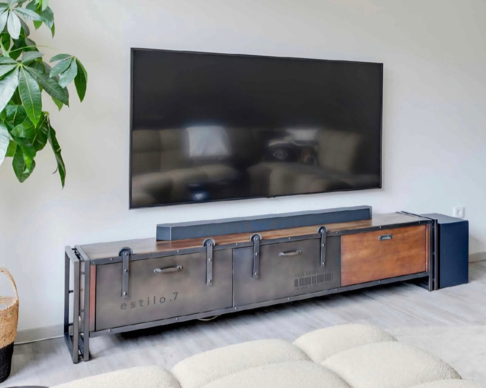 Industriële TV-meubel mangohout/metaal 190x45x42 cm, Ophalen, 150 tot 200 cm, Glas, Zo goed als nieuw