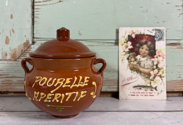 Franse vintage aardewerk pot met deksel afvalbakje Poubelle