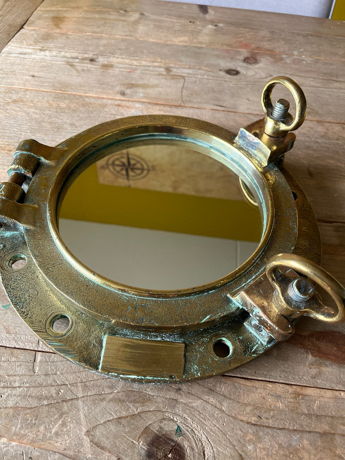 Bronzen patrijspoort met spiegel - Diameter 32 cm, Ophalen of Verzenden
