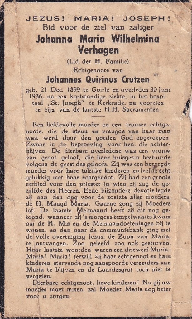 Verhagen Johanna 1899 Goirle 1936 Kerkrade, Ophalen of Verzenden, Bidprentje