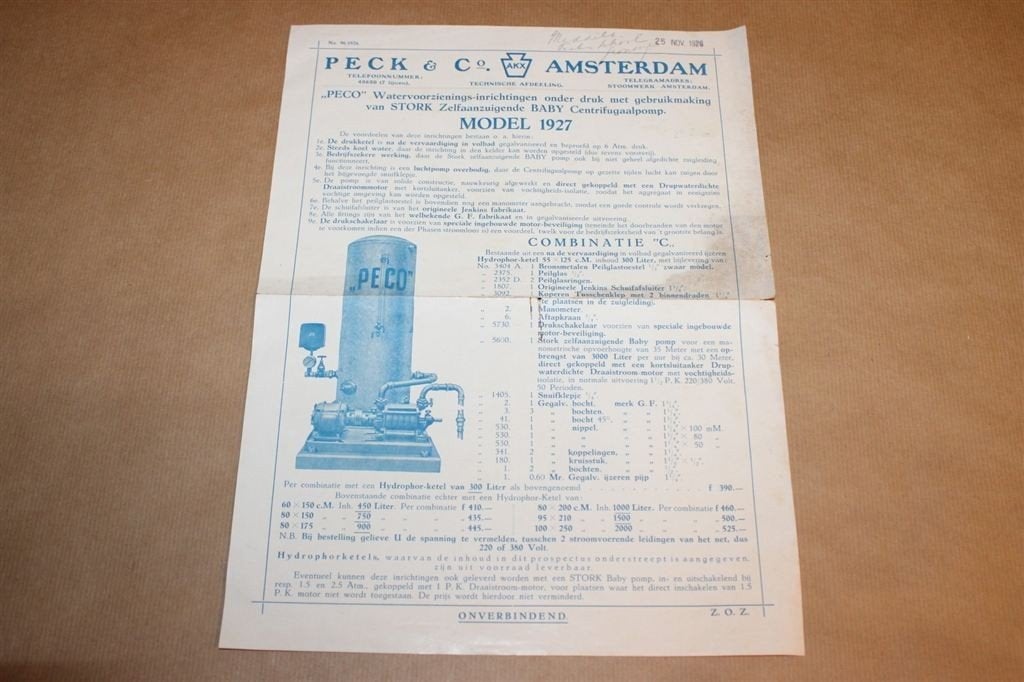 Zeldzame brochure Peck & Co Pompen Stork - 1926 !!, Ophalen of Verzenden, Gelezen