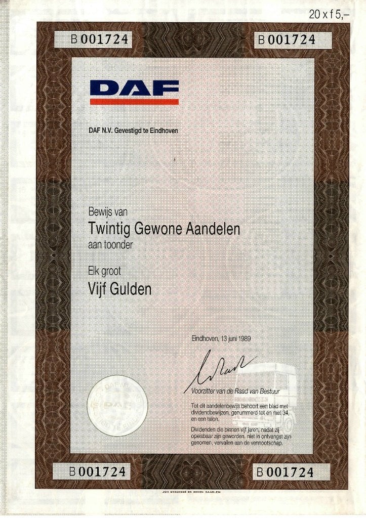 Aandeel DAF - Paccar 20 x f 5,- Eindhoven, Verzamelen, Ophalen of Verzenden, Zo goed als nieuw, Auto's