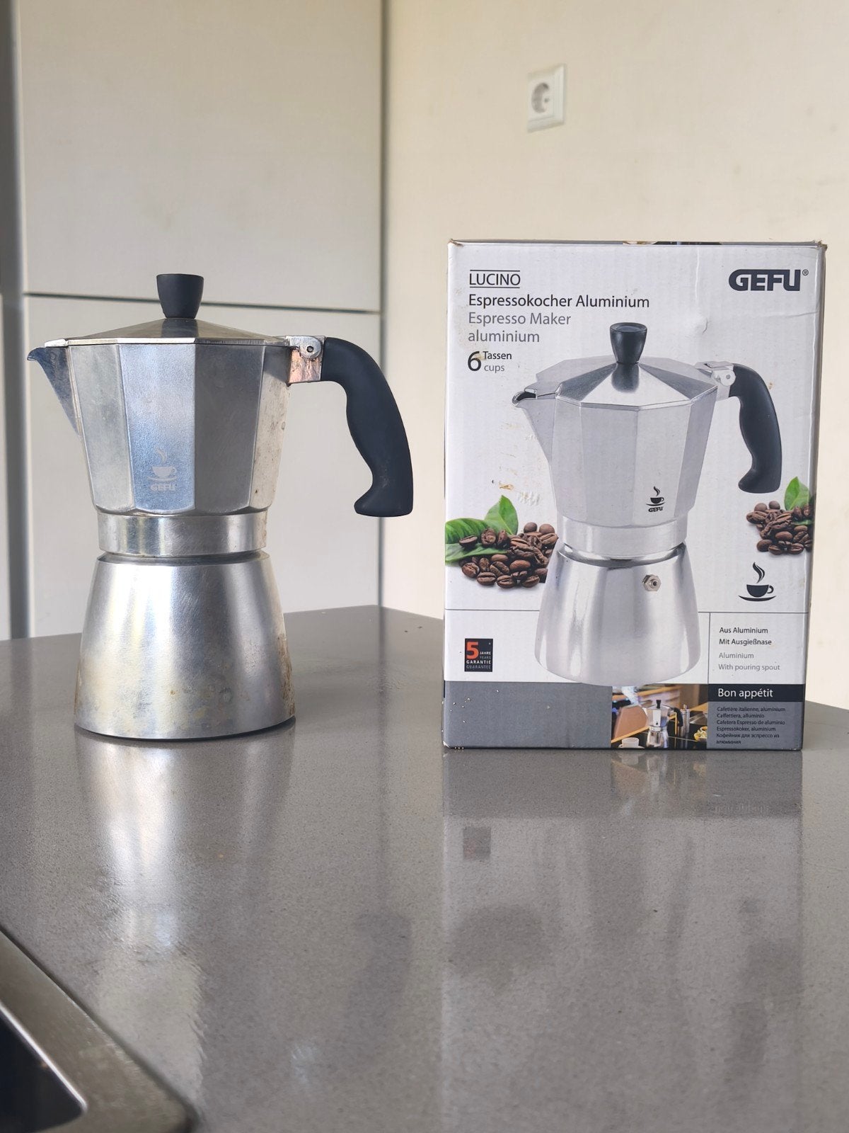 GEFU aluminium percolator 6 kopjes, Afneembaar waterreservoir, Gebruikt, Espresso apparaat, Gemalen koffie