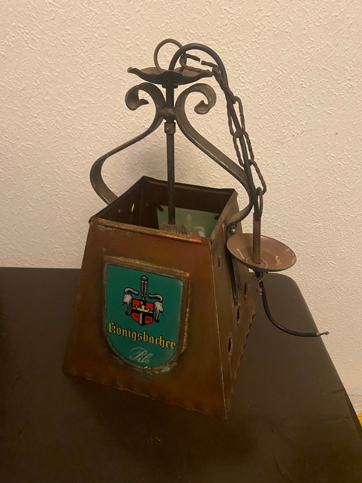 Mooie grote robuuste vintage kroegen lamp van koper en staal, Ophalen of Verzenden