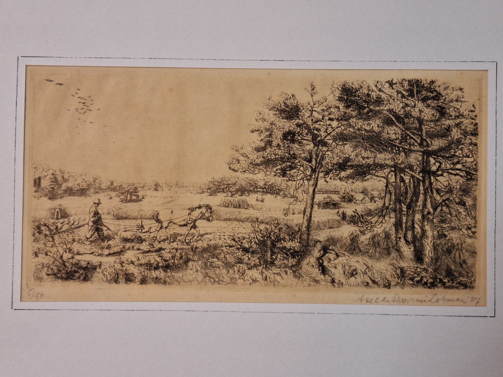 Ets 'Ploegen' door Savorin Lohman (1927), Ets, Ophalen of Verzenden, Gesigneerd, Landschap