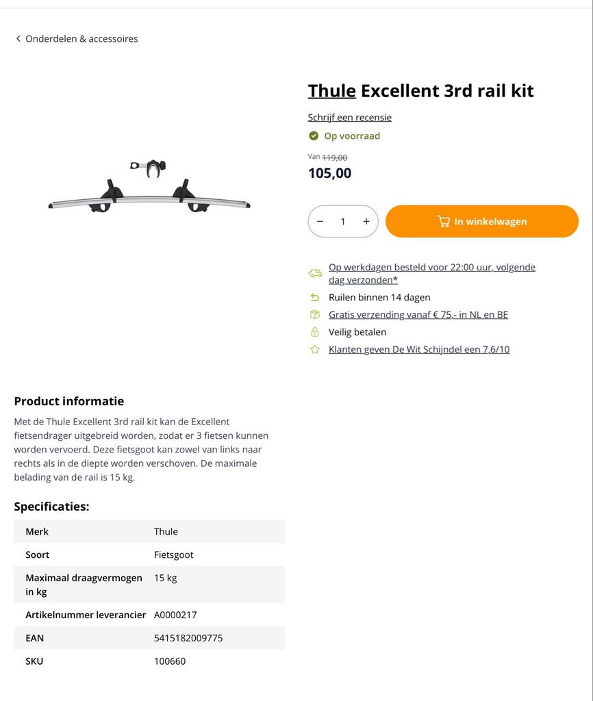 Thule Excellent 3e Rail kit - Extra fietsgoot voor fietsendr, Ophalen of Verzenden, Zo goed als nieuw