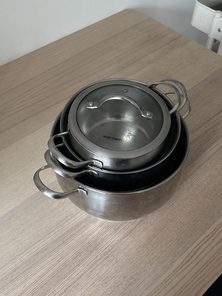 Steinbach Pannenset - 3 RVS kookpannen met deksels, Ophalen of Verzenden, Zo goed als nieuw, Rvs, Pannenset