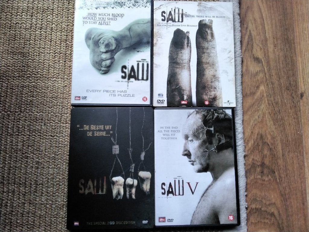 Saw 1 2 3 en 5, 4 dvds, origineel, Engels, Vanaf 16 jaar, Ophalen of Verzenden, Zo goed als nieuw