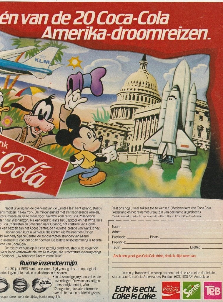 Retro reclame 1983 Coca-Cola frisdrank Disney hoofdprijs, Verzamelen, Retro, Verzenden, Overige typen