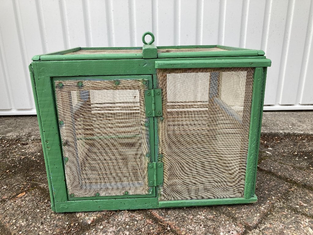 Brocante oud houten vliegenkastje / Groen, Antiek en Kunst, Curiosa en Brocante, Ophalen of Verzenden
