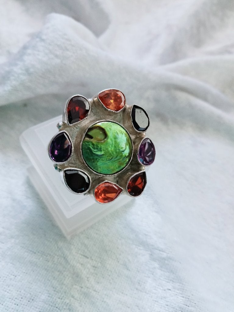 Prachtige Aparte Zilveren Ring met Amethisten en Granaten, Verzenden, Zilver, Ring, Met edelsteen