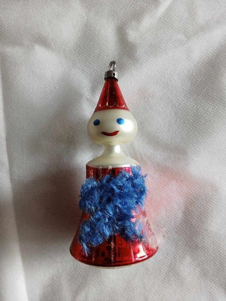 ouder glazen popjes kerstbal dun glas blauwe chenilla strik, Ophalen of Verzenden, Gebruikt