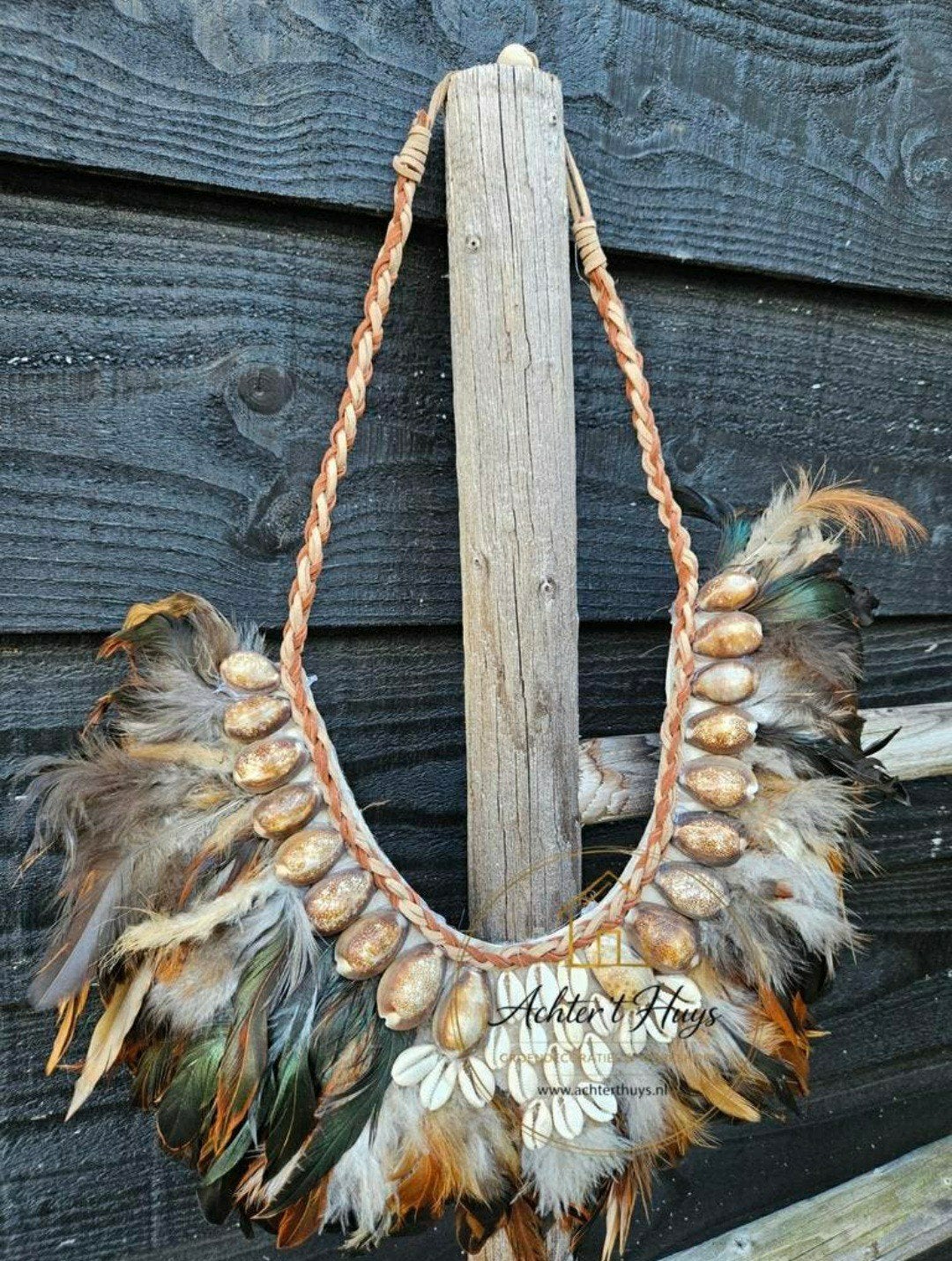 Prachtige kraag ketting met veren en schelpen, Ophalen of Verzenden, Nieuw, Overige materialen