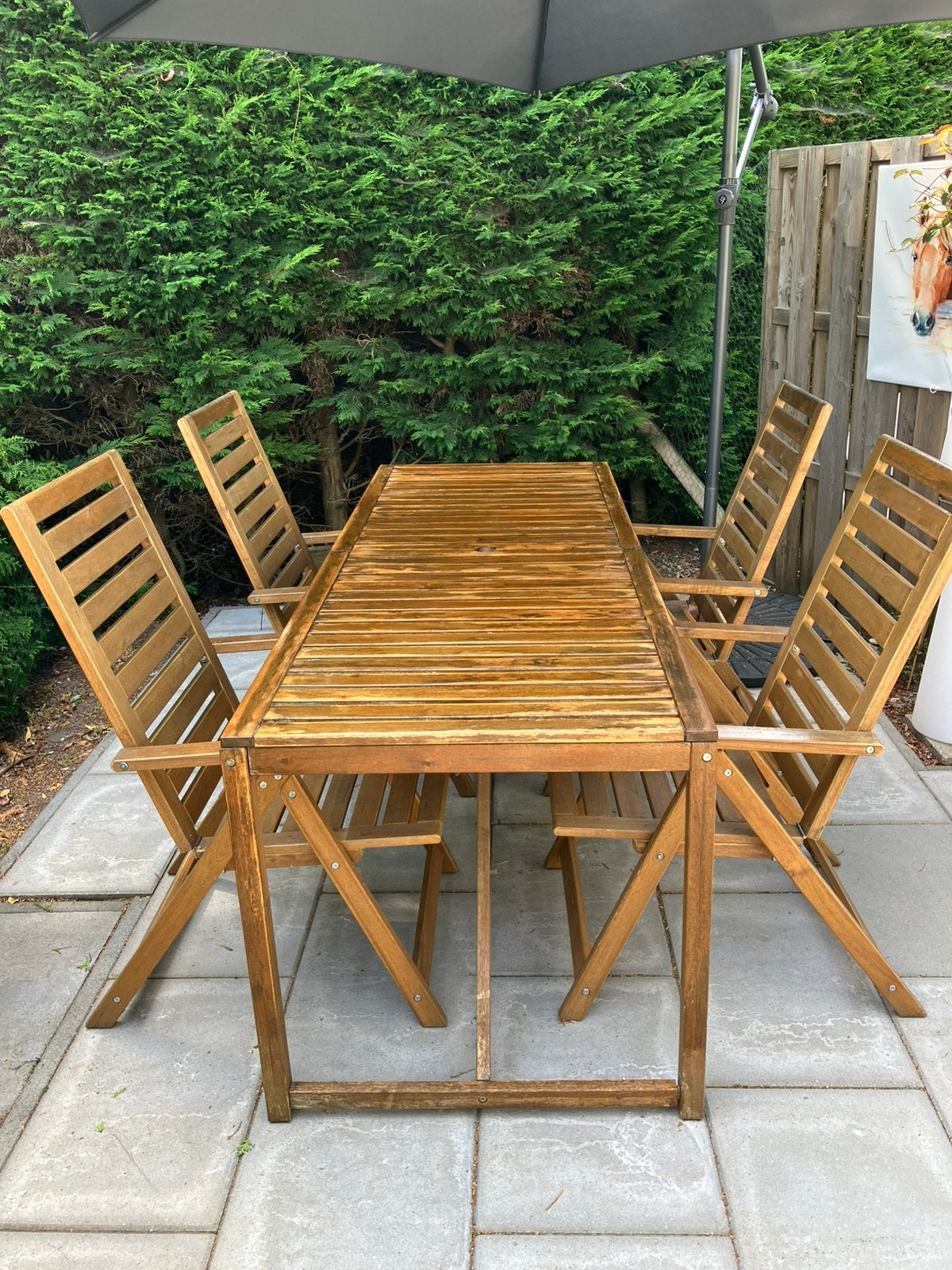 Tuinset eettafel+4 klapstoelen, Ophalen, Gebruikt, 6 zitplaatsen, Tuinset