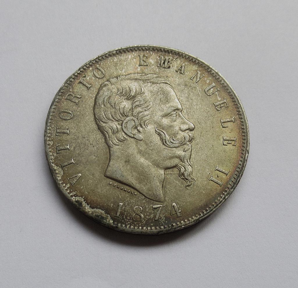italia 5 lire 1874, Verzenden, Italië, Zilver
