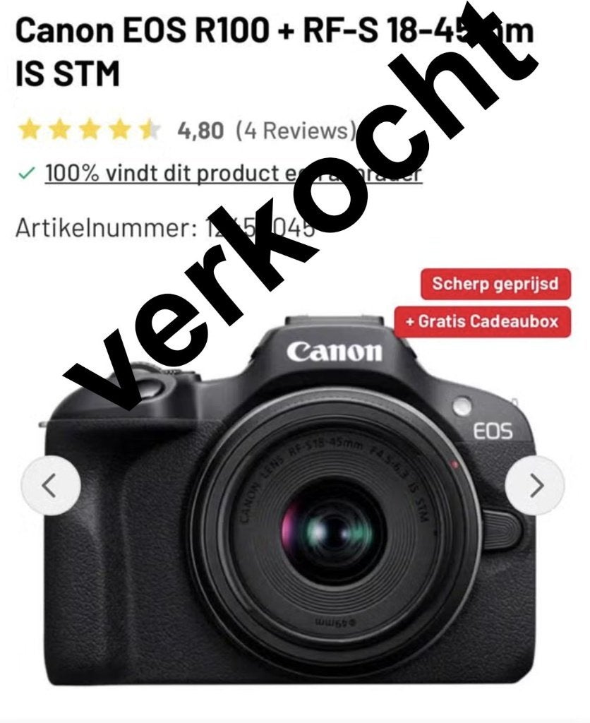 VERKOCHT Canon EOS R100 incl  RF 18-45 + 4 accu’s, Ophalen of Verzenden, Nieuw, Canon, Geen optische zoom
