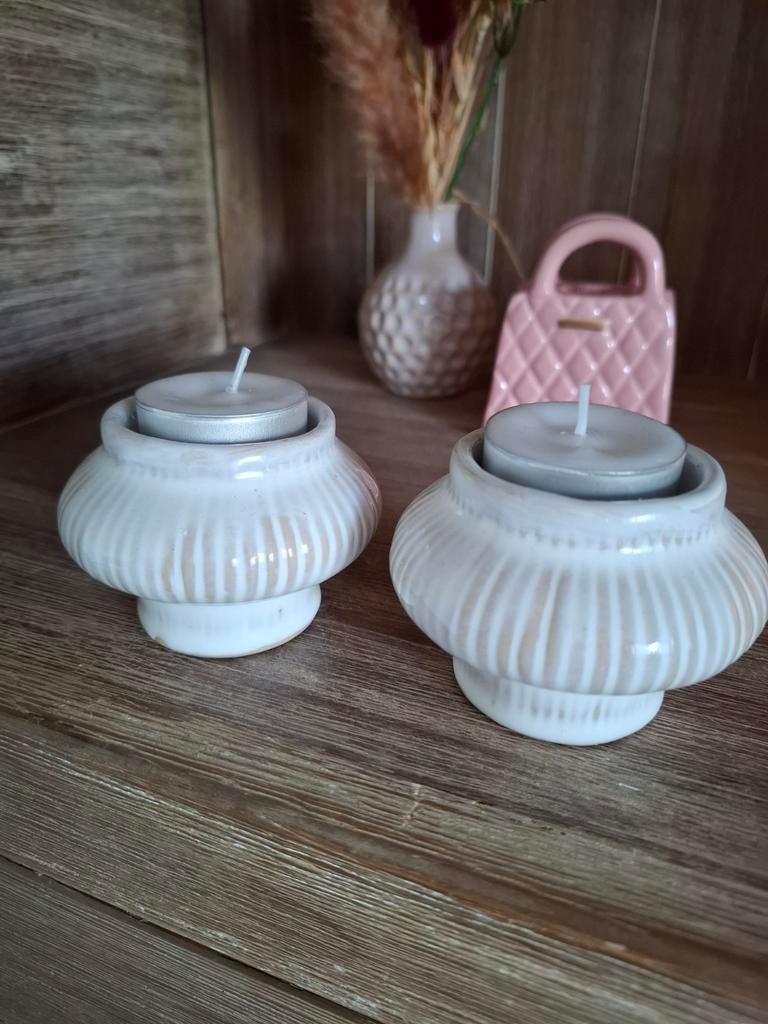 Set van 2 waxinelichthouders - 8x5 cm, Overige materialen, Beige, Nieuw, Ophalen of Verzenden