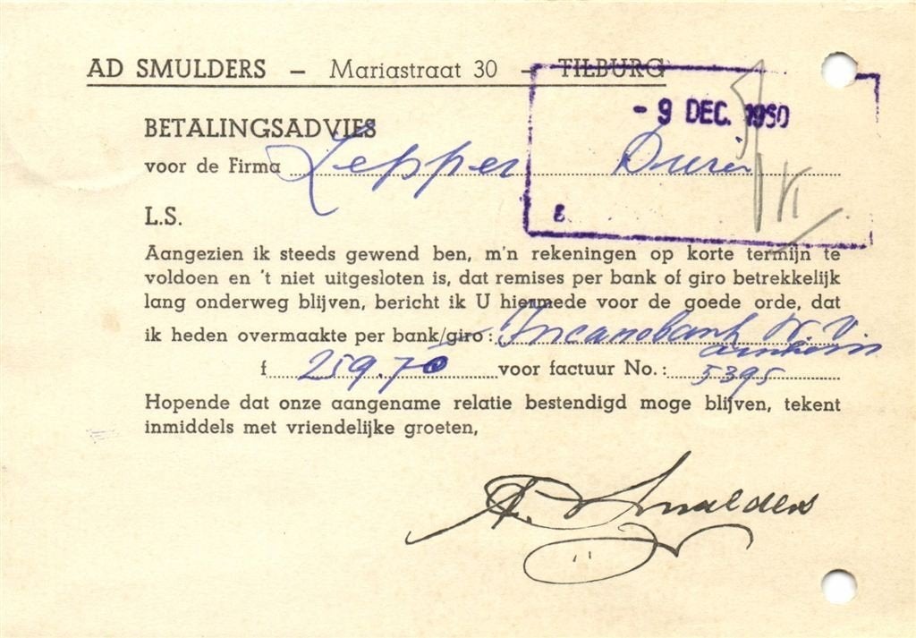 Ad Smulders, Tilburg - 12.1950 - betalingsadvies, Ophalen of Verzenden, Briefkaart