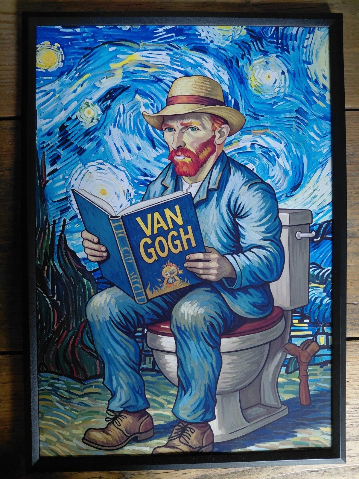 Grappige Van Gogh op toilet print - 21x30 cm met lijst, Overig onderwerp, Papier/karton, Ophalen of Verzenden, Ingelijst