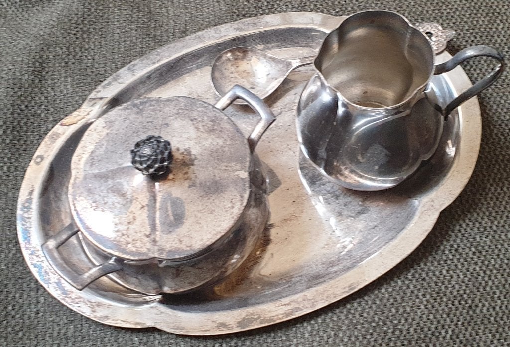 Verzilverd suiker / melk stelletje / lepeltje / theezeefje, Antiek en Kunst, Ophalen of Verzenden