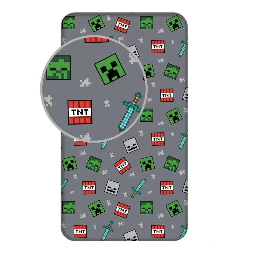 Minecraft Hoeslaken 90x200 cm - Katoen, Hoeslaken of Sloop, Nieuw, Ophalen of Verzenden, Grijs