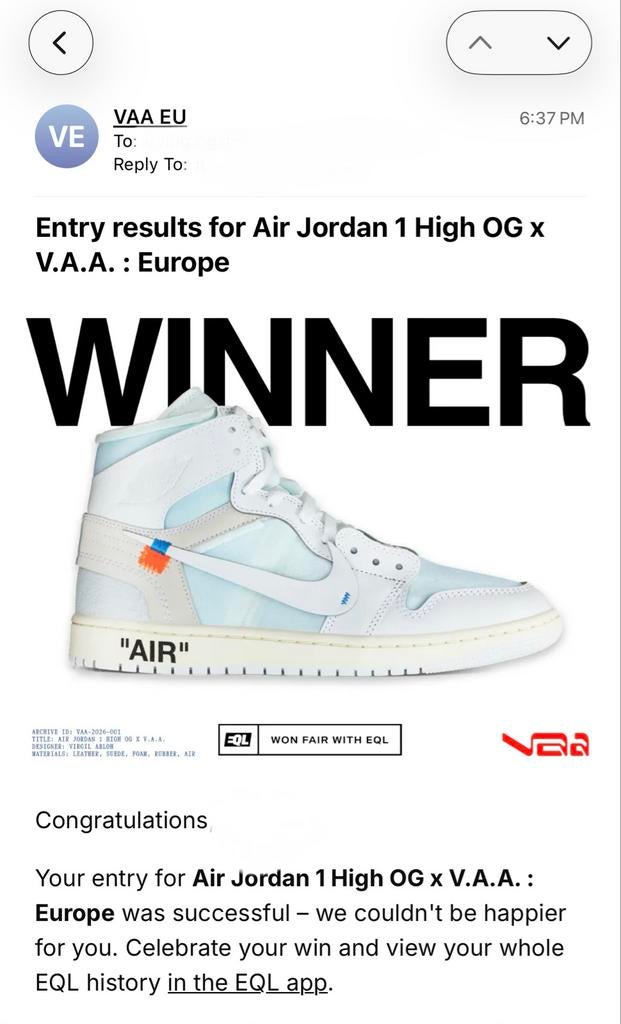 Virgil Abloh x Jordan Brand Air Jordan 1 High OG Alaska US 9, Kleding | Heren, Ophalen of Verzenden, Nieuw, Wit, Sneakers of Gympen