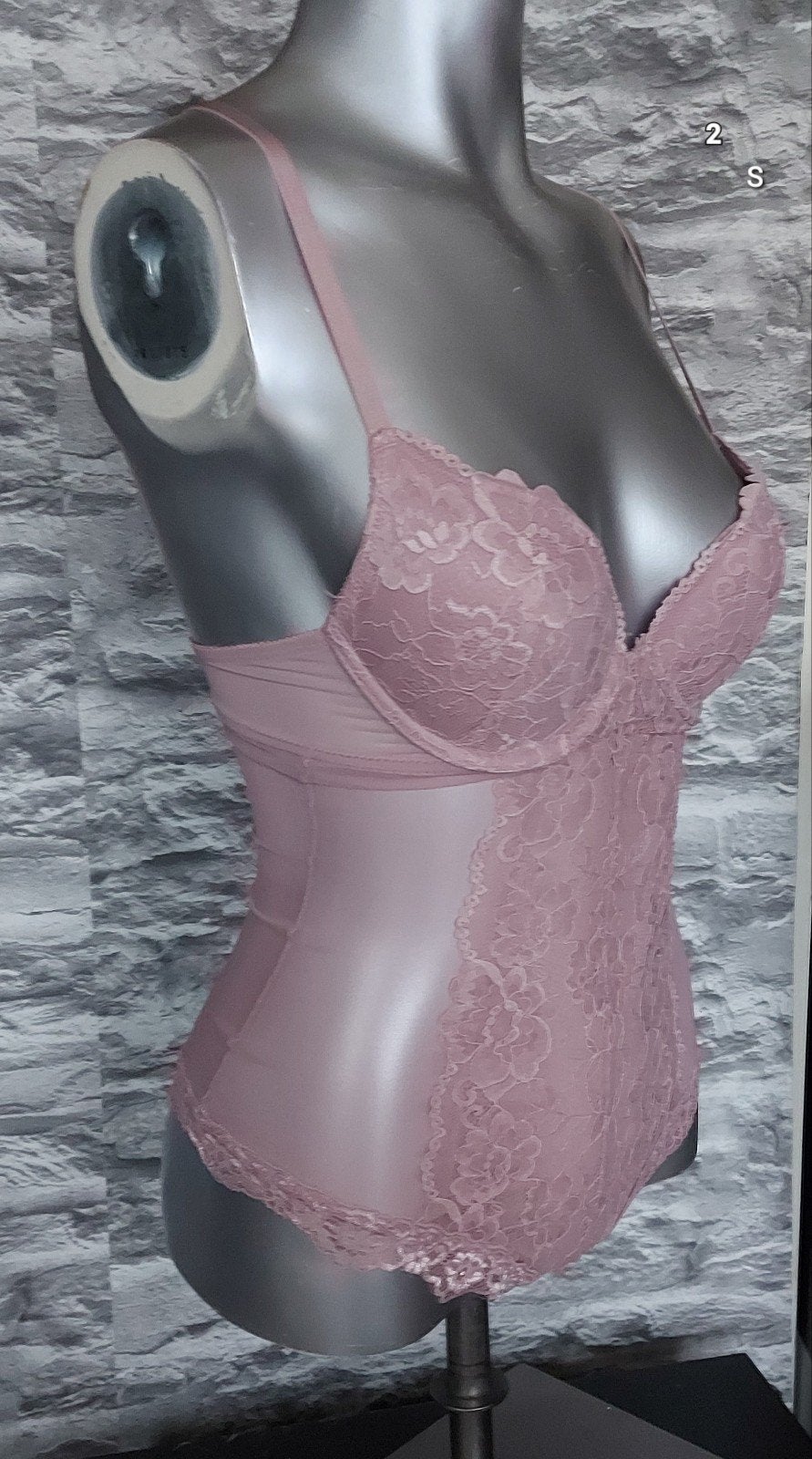 Roze kanten stringbody met beugel - S, Ophalen of Verzenden, Roze, Body of Korset