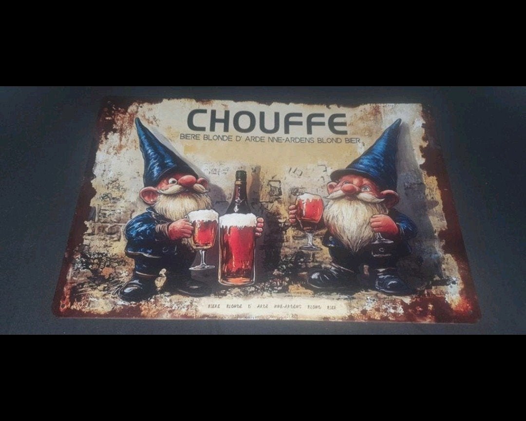 Chouffe Reclamebord - Kabouters met Bier, Ophalen of Verzenden, Nieuw, Reclamebord