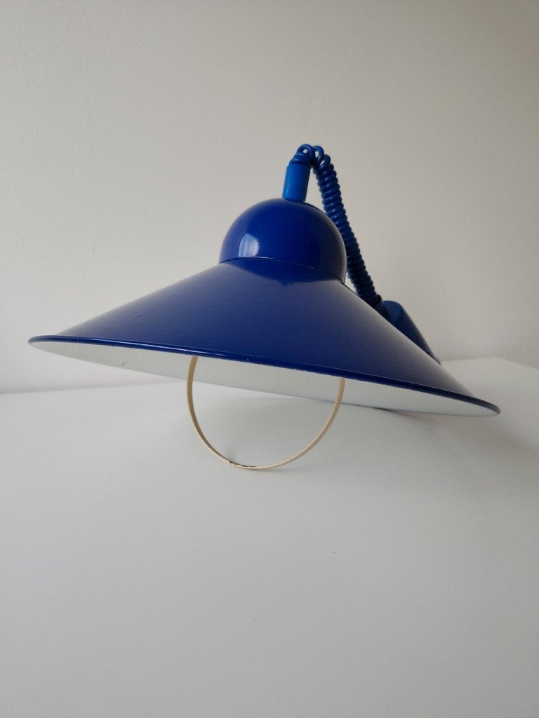 Vintage verstelbare hanglamp met blauwe kap, Modern vintage, Gebruikt, Metaal, E27 (groot)