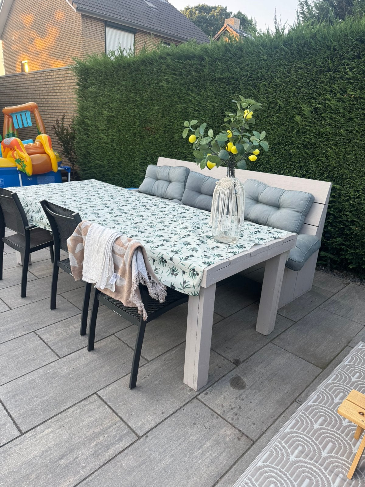 Steigerhouten tafel met bank en kussens - 250x100, Ophalen, Gebruikt, Rechthoekig, Hout