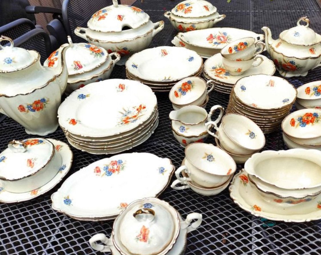 Vintage Servies met Bloemmotief - Complete Set 12 personen, Ophalen
