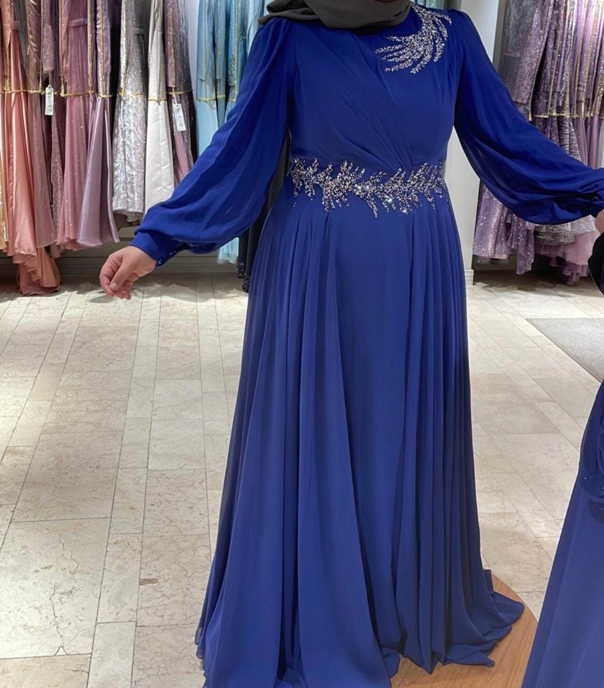 Elegante blauwe jurk, maat 48 (valt als 44/46), Kleding | Dames, Blauw, Maat 46/48 (XL) of groter, Ophalen of Verzenden, Zo goed als nieuw