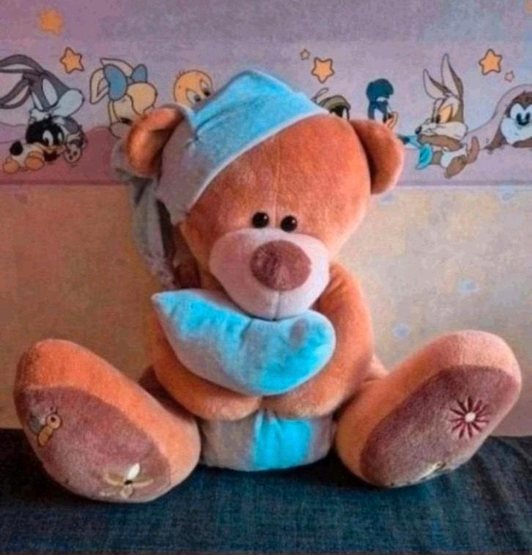 Schattige knuffelbeer met slaapmuts en kussen, Beer, Ophalen of Verzenden, Zo goed als nieuw, Middelgroot (20 tot 80 cm)