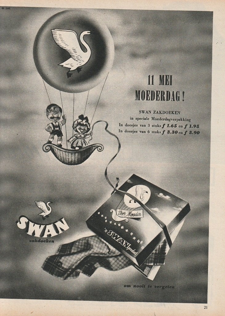 retro reclame 1952 Swan zakdoeken 11 mei moederdag, Verzenden, Overige typen